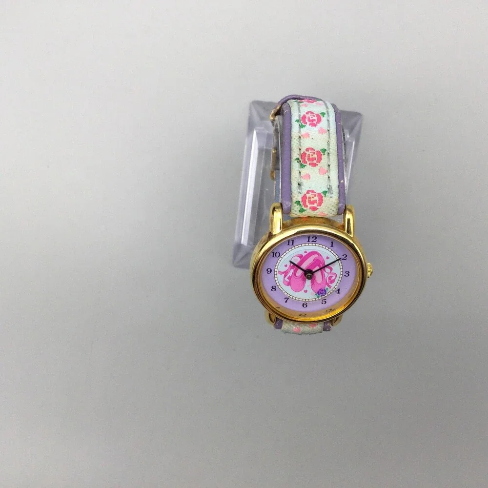 Accutime Girls Watch 26mm Ballet Slippers Gold Tone Floral Leather New Battery
